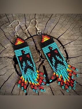 Handmade T-Bird Seed Bead Fringe Earrings